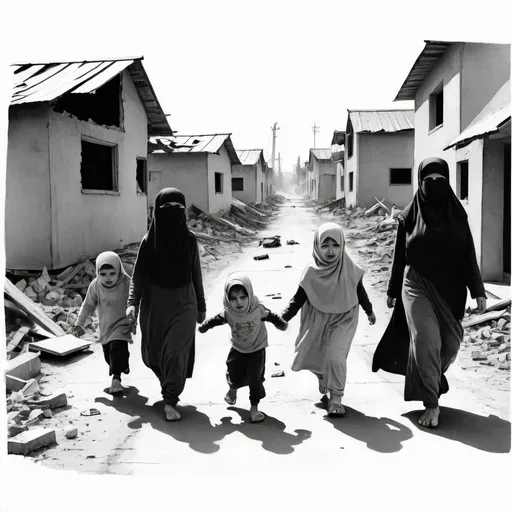 Prompt: Drawing with black ink, a group of women wearing the Islamic hijab who appear tired and exhausted, along with a group of homeless children, and around them are all destroyed houses.they all runing and cry