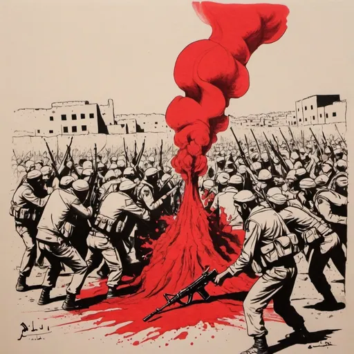 Prompt: A red ink drawing expressing Palestinian resistance to the Israeli army
