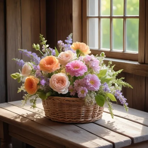 Prompt: A basket of flowers on a wooden table