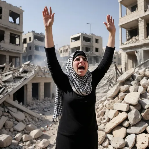 Prompt: A woman wearing a Palestinian keffiyeh raises her hands to pray out loud, screaming, surrounded by piles of stones from destroyed houses and fires.