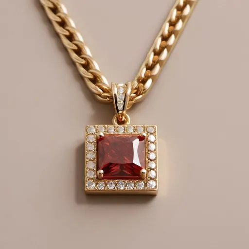 Prompt: A light brown square surrounded by a gold chain, a silver chain, a diamond chain, and red zircon pieces