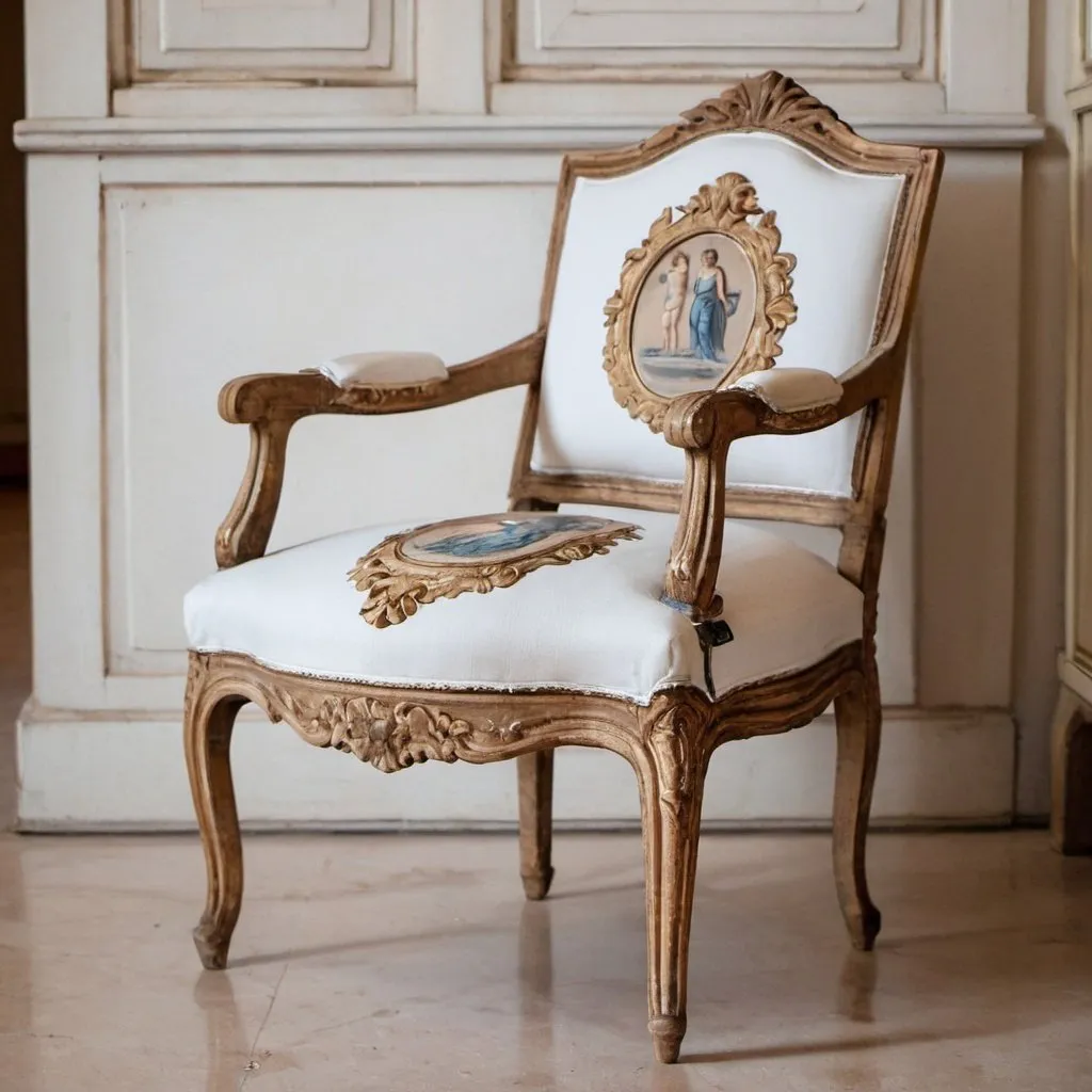 Prompt: An old French style chair with Greek decorations