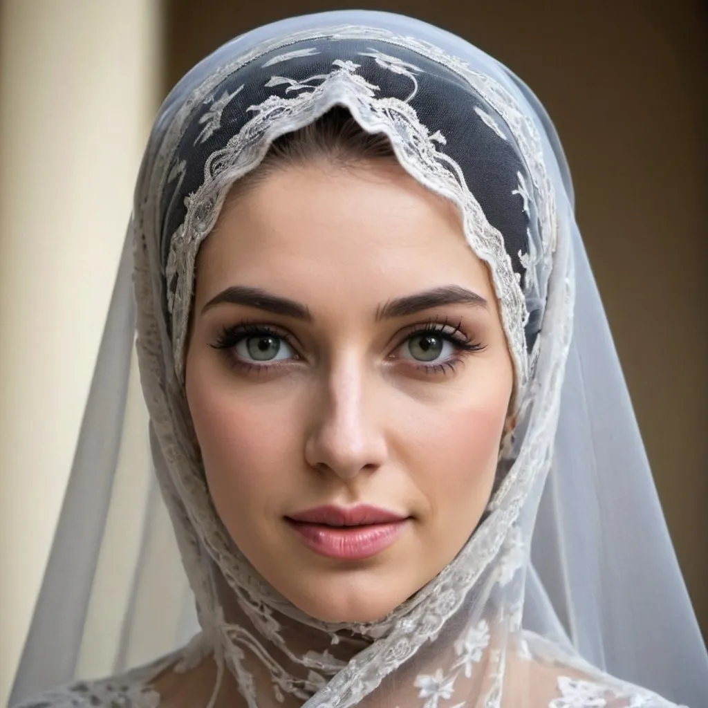 Prompt: A beautiful woman wearing a veil on her head, tall, two meters tall and weighing 70 kilograms