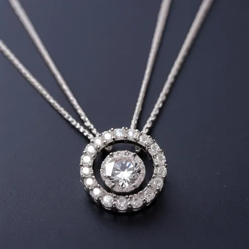 Prompt: A silver necklace containing a circular pendant studded with small pieces of zircon around it