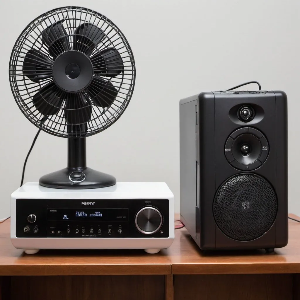 Prompt: An electrical device, the top part is a fan, the bottom of the fan is a TV screen, and the bottom of the TV is a speaker