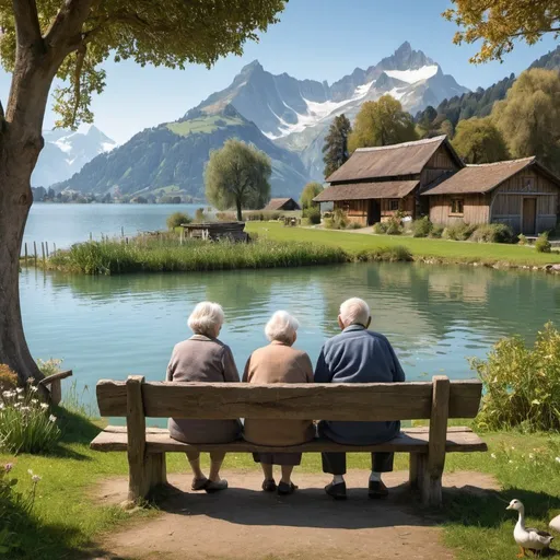 Prompt: An old man and an old woman are sitting on an old wooden bench, behind them is an old Swiss hut, and in front of them is a lake in which geese swim, and around them are oak and eucalyptus trees.