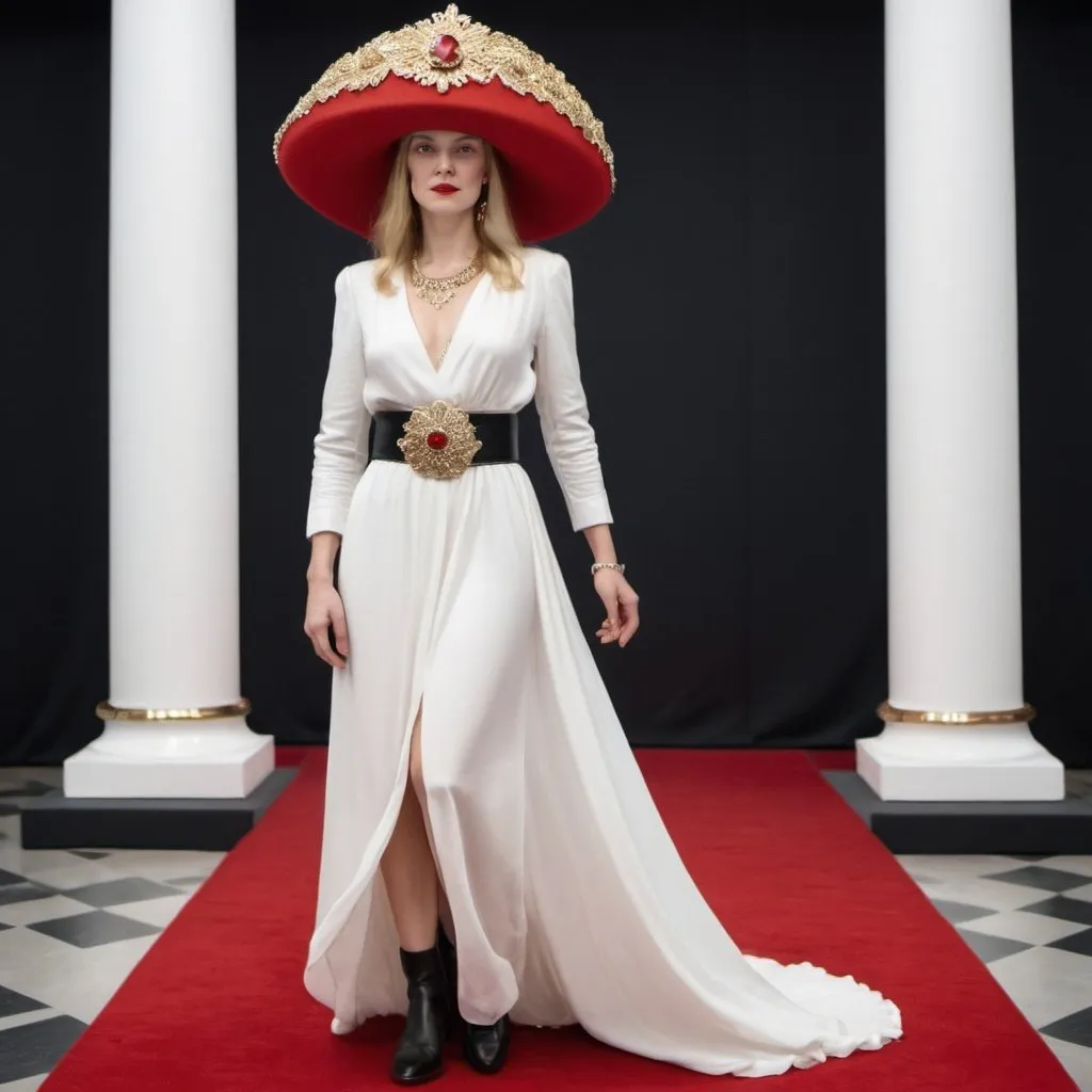 Prompt: A tall white woman wears a long white dress, a black belt, and black shoes. The woman wears Russian gold accessories and wears a red hat with diamonds on it.