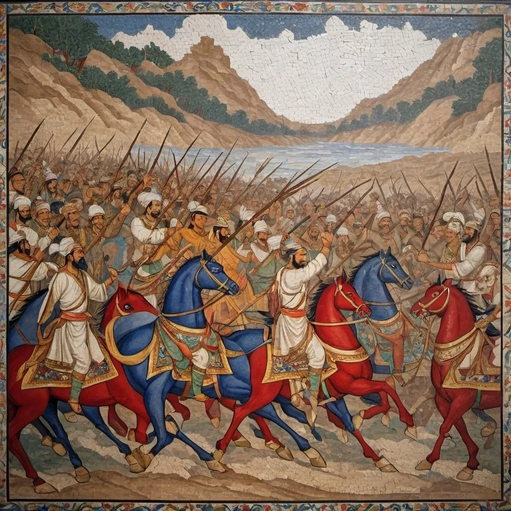 Prompt: A mosaic painting showing a fierce war in the old world , the ware between india and china.