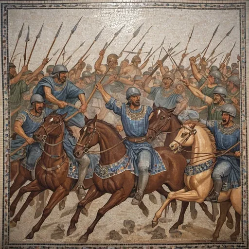 Prompt: A mosaic painting showing a fierce war