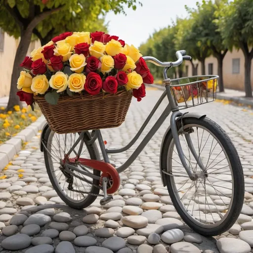 Prompt: A bicycle whose basket is filled with yellow, red and white roses. The bicycle is traveling on a street paved with smooth stones. The bicycle is traveling between orange trees.