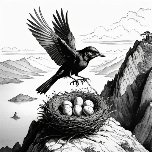 Prompt: A black ink drawing of a bird feeding its young in a nest on the top of a mountain overlooking the sea