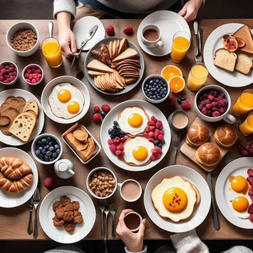 Prompt: Lag et bilde av et bord med masse mat som kan spises til frokost.  Bordet skal være juledekorert.