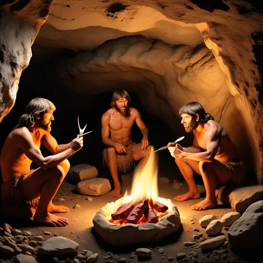 Prompt: In the Paleolithic Age, three primitive people made a fire and barbecued meat in a cave.