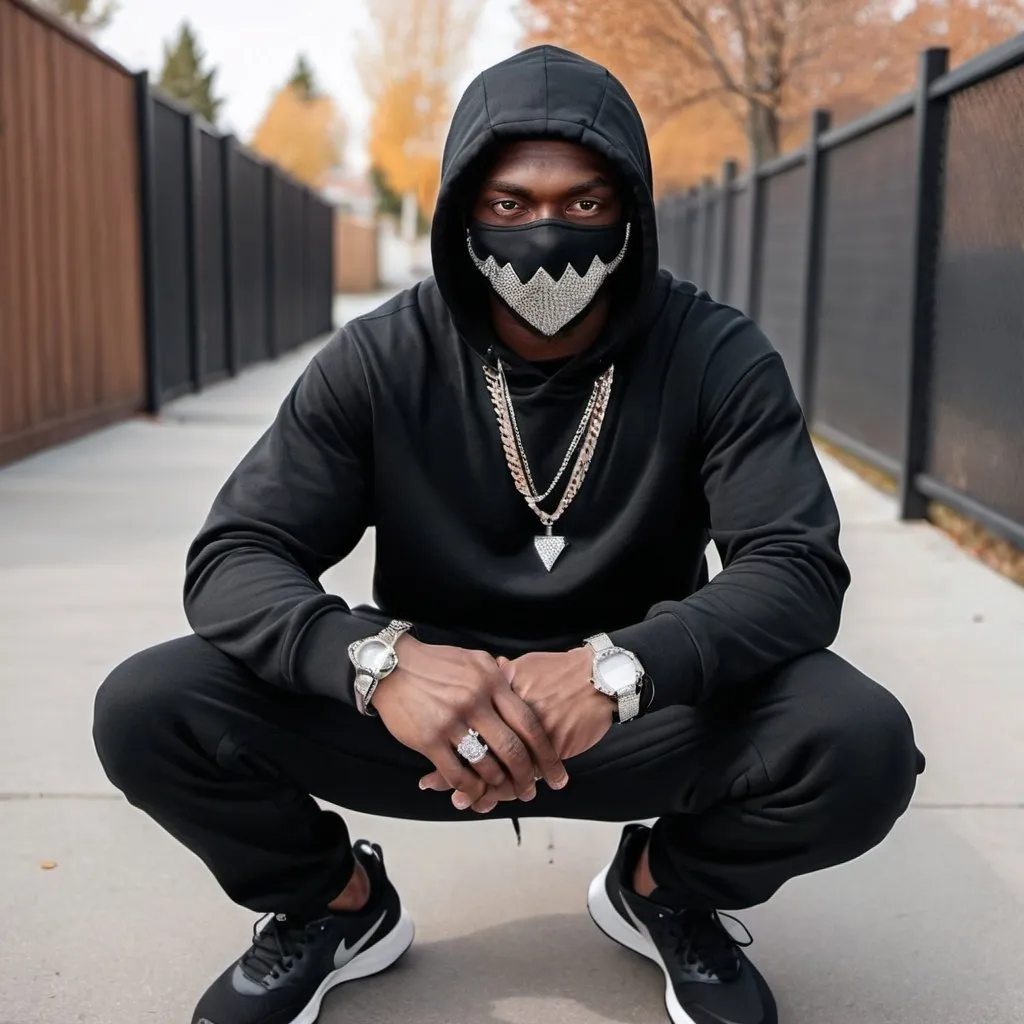 Prompt: A black guy he has a black hoodie, black sweatpants, a balaclava mask, a diamond watch on both wrists, grills, diamond neck chain and diamond nikes shoes