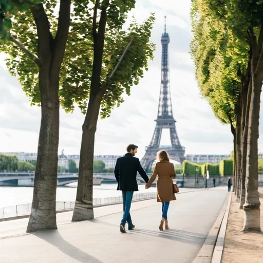 Prompt: a couple in love holding hands, walking along the Seine in Paris, along a tree line by the road, a view of the Eiffel Tower