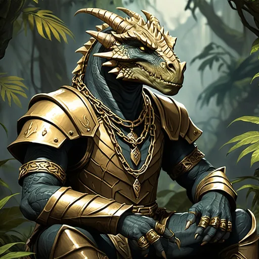 Prompt: a dragonborn sitting in the jungle wearing a golden chain necklace