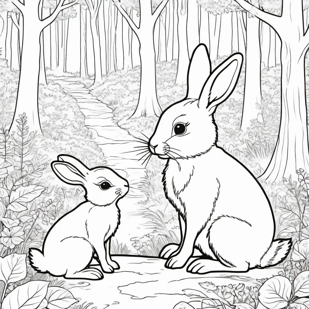 Prompt: create a coloring page with a woodland bunny talking with her mom in a forest
