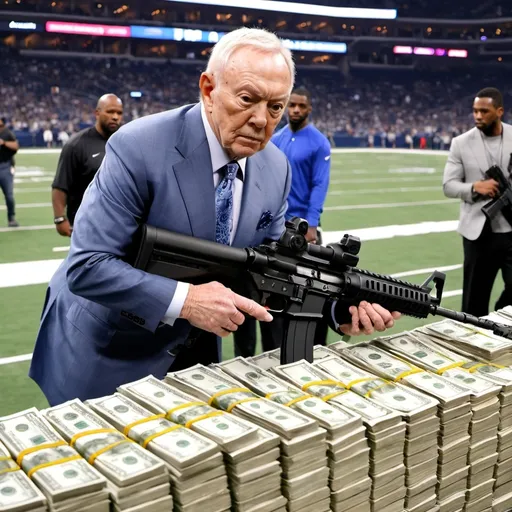 Prompt: Jerry jones guarding a pile of money with a assault rifle