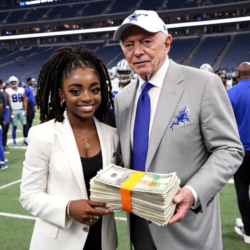 Prompt: Jerry jones with CeeDee Lamb holding a stack of cash