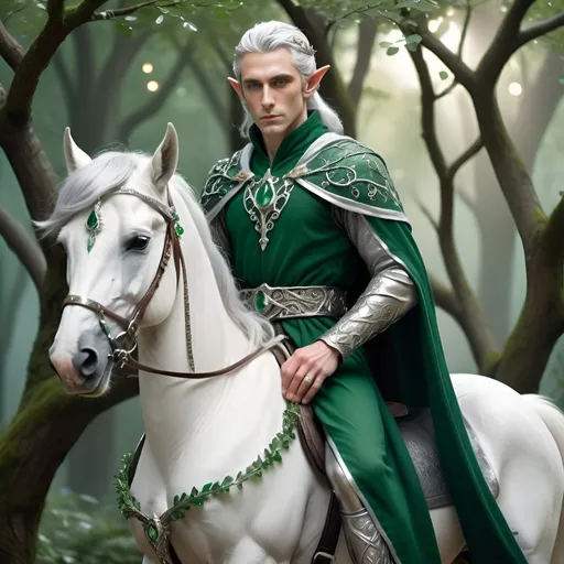 Prompt: An elegant and strong male elf, 2.10 cm tall, on a white horse, wearing a light and dark green robe, with shiny silver hair covering his shoulders and reaching down to his waist, a beautiful face with gray eyes, and a ring crown made of tree branches, his head is silver and It is decorated with emeralds.