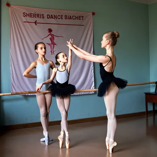 Prompt: show me the same woman but this time as a dance teacher with a big stick - training young ballet students.. and the banner "Sherris dance" on the wall
