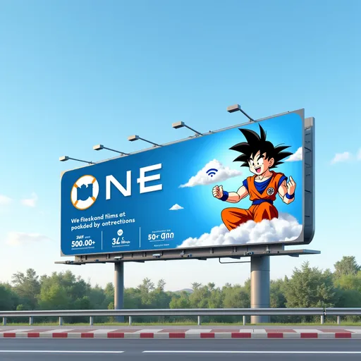 Prompt: **Prompt untuk Iklan 3D Anamorphic Billboard "XL Satu":**  

*"Desain iklan billboard 3D anamorphic untuk promo WiFi rumahan 'XL Satu'. Logo WiFi besar terlihat keluar dari billboard secara nyata, seolah-olah melayang di udara, menciptakan ilusi optik yang menarik. Di dalam billboard tertulis logo utama 'XL Satu' dengan font modern dan bold. Di bawahnya ada teks 'Internet Warga Bandar Lampung' yang menegaskan jangkauan luas.  

Terdapat daftar paket dengan penekanan visual:  
- **Paket XL Satu**  
- **30Mbps Rp 254.000,-**  
- **50Mbps Rp 265.000,-**  
- **100Mbps Rp 355.000,-**  

Di sisi kanan billboard, ada karakter **Son Goku (Dragon Ball)** dalam pose ikonik: duduk bersila melayang di atas awan Kinton, dengan tangan terbuka seolah memancarkan energi WiFi super cepat. Ekspresinya santai tapi penuh percaya diri, menggambarkan internet stabil dan tangguh.  

Latar belakang langin biru cerah dengan efek awan halus, memperkuat kesan 'jangkauan luas'. Cahaya dinamis menyoroti logo dan paket harga, sementara efek 3D membuat WiFi seakan hidup. Tambahkan tagline kecil: **'Jangkauan Luas, Kencang Tanpa Batas!'** di bagian bawah."*  

**Hasil yang Diharapkan:**  
Iklan yang eye-catching dengan ilusi 3D anamorphic, memadukan kesan teknologi (WiFi) dengan budaya pop (Goku) untuk menarik perhatian pejalan kaki/pengendara. Kombinasi warna cerah (oranye, biru, putih) dan efek cahaya memperkuat branding XL Satu.