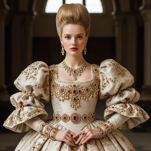 Prompt: A woman, likely in her late teens or twenties, is the focal point of the image. She possesses a striking, porcelain complexion and is adorned with a magnificent, ornate gown. The gown, a light cream or beige color, features voluminous, puffy sleeves that extend nearly to her wrists, and a full, tiered skirt.  Intricate gold embellishments and jewels, notably red gemstones, are scattered across the gown and form an elaborate bodice and belt-like adornment.  Multiple gold and jeweled bracelets and bangles accentuate her wrists. The woman's hair is styled in a large, high beehive, and her makeup is carefully applied, with a rosy-red lipstick and subtle eye shadow.  She is wearing a delicate and extensive necklace, and sizable earrings, also laden with gold and gemstones, enhancing the intricate and luxurious feel of the ensemble. The background suggests a grand, possibly historical, interior setting with dark, rich tones and hints of architecture