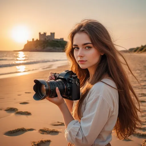 Prompt: Girl photographer with long brown hair at sunset on sandy beach near ancient castle on the island, vibrant and warm sunset lighting, high quality, realistic, detailed camera, professional, vintage style, sandy beach, ancient castle, golden hour, vibrant lighting, detailed waves, professional equipment, sandy textures, vintage vibes, atmospheric lighting