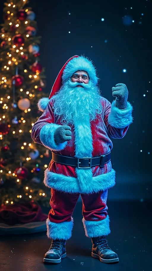 Prompt: I would like to see a realistic Picture showing Santa Claus is showing a brand new magically glowing bluesy christmas Vinyl, training biceps at the Gym, sporty, Muscly Santa Claus