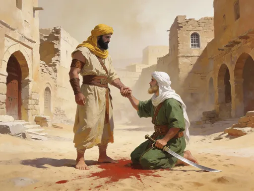 Prompt: This is a digital painting depicting a dramatic scene set in an ancient Middle Eastern or Mediterranean town. The image shows two men in the center, engaged in a tense moment. The man on the left, with a dark beard and wearing a yellow headscarf, is dressed in a beige robe with brown belts around his waist and upper arms. He is standing with his right hand extended, gripping the left hand of the man kneeling before him. The kneeling man has a lighter beard and is wearing a white headscarf and a green robe with brown belts. His right hand holds a sword, which rests on the ground beside him. Both men are barefoot, standing on a red bloodstain that spreads across the sandy ground beneath them.

The background features partially crumbling, beige stone buildings with arched doorways and windows, suggesting an ancient or medieval setting. The sky above is a pale, dusty beige, adding to the sense of a hot, arid environment. The textures of the robes and headscarves are rendered with careful attention to detail, showing folds and creases. The overall style of the painting is realistic with a focus on dramatic, emotional storytelling through body language and expression.