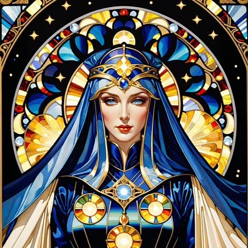 Prompt: (Masterpiece tarot card:3.0) In the style of JC Leyendecker. Ornate mosaic stained glass, Iris, the radiant Goddess of the Rainbow, dazzlingly luminous and elegant, (perfect symmetrical, beautiful face with deep blue eyes:3.0), in (dramatic iridescent masterpiece swirling draped robes:3.0), covered in (copious gold stars:2.0), (tight dark gold curls in an exaggerated hairdo:2.0), (exaggerated glam makeup:2.0), wearing (a sunburst iridescent silver crown:3.0). Heavy jeweled accents, celestial rainbow sunrise sky background, (blush roses everywhere:3.0), (Standing between gold Corinthian columns:3.0), intricate art nouveau details, bold saturated colors, smooth Mark Brooks and Dan Mumford, comic book art, perfect, smooth Cinematic film still, shot on v-raptor XL, film grain, vignette, color graded, post-processed, cinematic lighting, 35mm film, live-action, best quality, atmospheric, a masterpiece, epic, stunning, dramatic