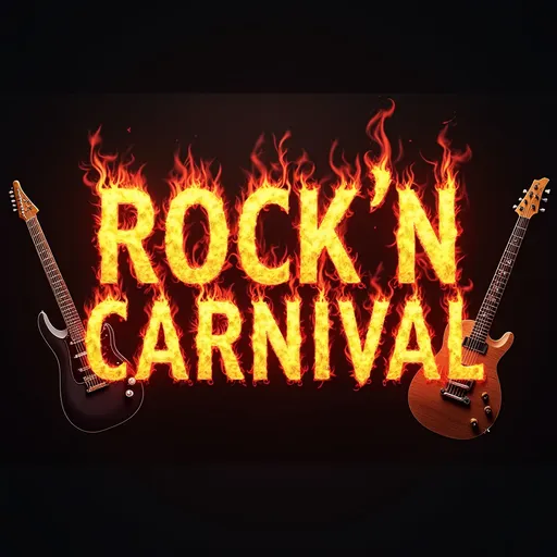 Prompt: the words 'ROCK'N CARNIVAL' written in flames with rock instruments all around

