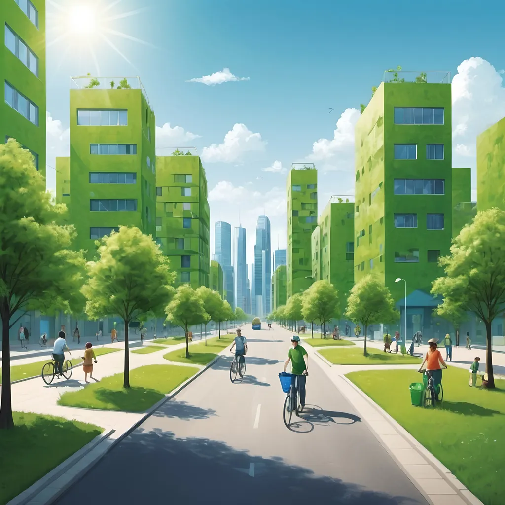 Prompt: A bright landscape image illustration of a clean, green city with a wide blue sky. It must refer to sustainable solutions (cycling, walking) and recycling. Add 2-3 recycling bins. 
