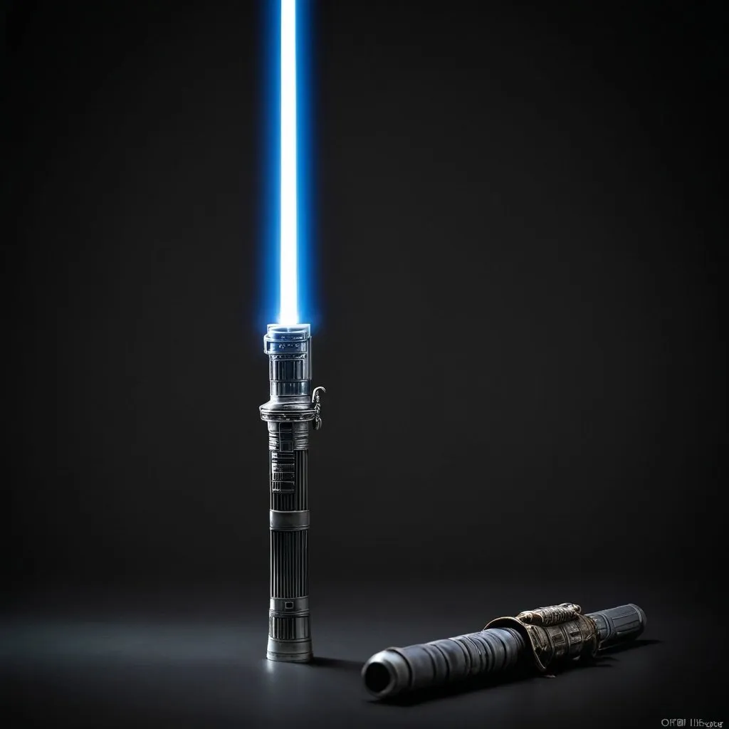 Prompt: a stil life composition of a lightsaber that is off. takes inspiration from obi wans lightsaber from The phantom menace. Use dynamic lighting.