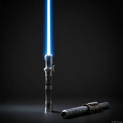 Prompt: a stil life composition of a lightsaber that is off. takes inspiration from obi wans lightsaber from The phantom menace. Use dynamic lighting.