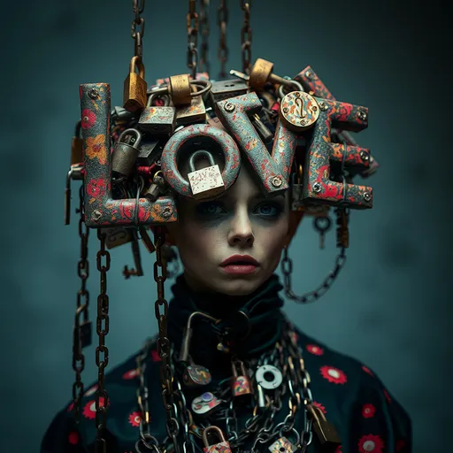 Prompt: “Love” costume made of rusted metal locks and chains, (dripping keys), (artist haute couture fashion), (elaborate costume), quirky eclectic trapped woman, (detailed texture), (diffused lighting), (stylized fashion editorial), strong contrasts, cinematic depth, stylish composition, vibrant color palette, intricately designed garments, captured in (photorealistic) style, (4K) quality, (zoom lens photography), luxurious ambiance, artistic flair, striking visual storytelling.