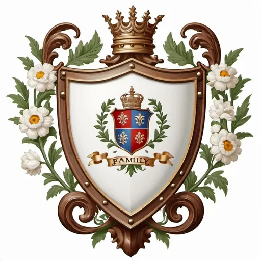 Prompt: family crest of a shield floral emblem, high quality, white background, classic style, flat, 2d for the Smith/Miller family Victorian 1885