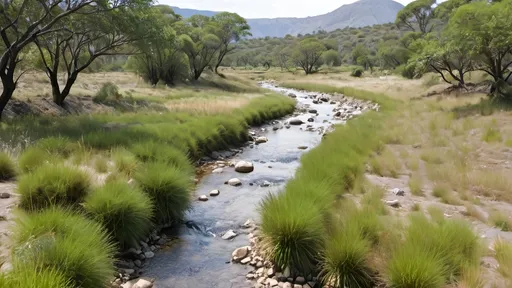 Prompt: regenerated geomorphic land covered in diverse vegetation consisting of trees, bushes and grasses, without geometric paddocks. rocky stream flowing across land.