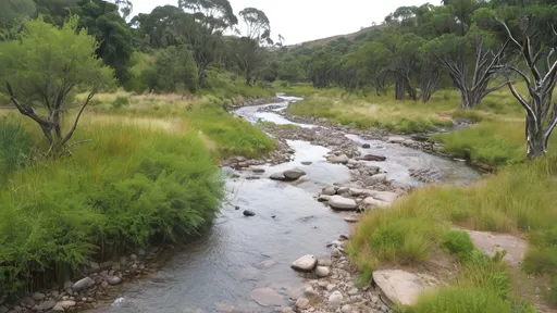 Prompt: regenerated geomorphic land covered in diverse vegetation consisting of trees, bushes and grasses, without geometric paddocks. rocky stream flowing across land.