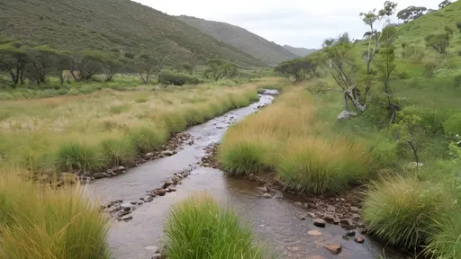 Prompt: regenerated geomorphic land covered in diverse vegetation consisting of trees, bushes and grasses, without geometric paddocks. rocky stream flowing across land.