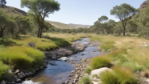 Prompt: regenerated geomorphic land covered in diverse vegetation consisting of trees, bushes and grasses, without geometric paddocks. rocky stream flowing across land.