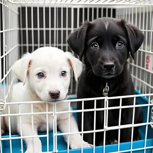 Prompt: A black dog pup and a white dog pup in a cage of a animal shop