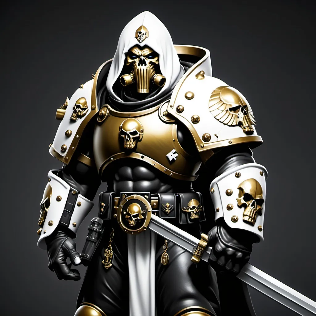 Prompt: space marine chaplin with a hood and sword and shield white and gold and black art orc symbol on back