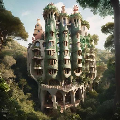 Prompt: a five-storey building, gaudi style, in the middle of a dense jungle, towers high above the forest
