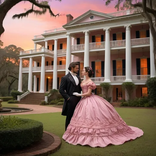 Prompt: Create a scene reminiscent of 'Gone with the Wind,' featuring a grand Southern plantation house surrounded by lush, sprawling gardens. Include a romantic sunset with vibrant hues of orange, pink, and purple in the sky. In the foreground, depict a couple dressed in period attire: the woman in a flowing hoop skirt gown with intricate details and the man in a classic 19th-century suit. Position them in a tender, dramatic pose, with the woman looking up at the man. Ensure the background showcases tall, elegant columns of the mansion, large oak trees with hanging Spanish moss, and a sense of historical grandeur and romance. The overall atmosphere should be warm, nostalgic, and cinematic.