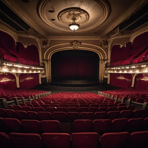 Prompt: an old fashioned theater, empty with a bare stage and rows of read seats