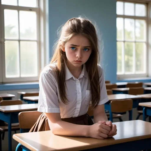 Prompt: A girl alone in class room and she was depressed about future cute face blue eyes couler brown hair white shirlt and skirt in the side one window throw the sunlight 