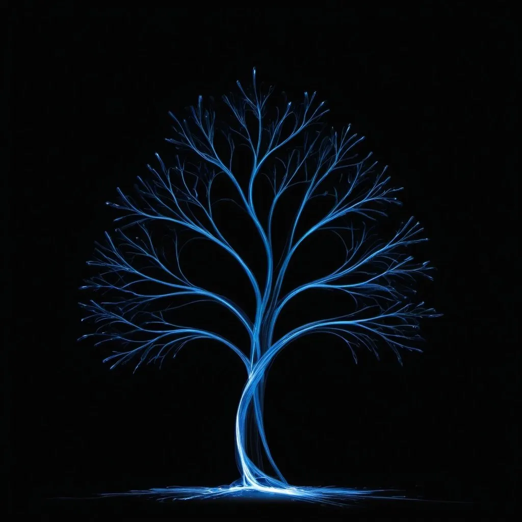 Prompt: blue tree shaped light painting black backdrop, minimalistic, elegant line design