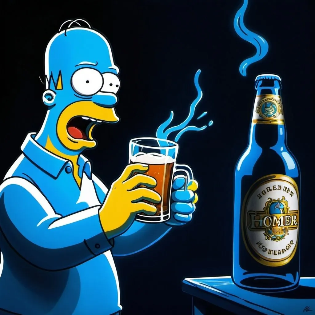Prompt: blue color light drawing of homer simpson with beer giving cheers to moe