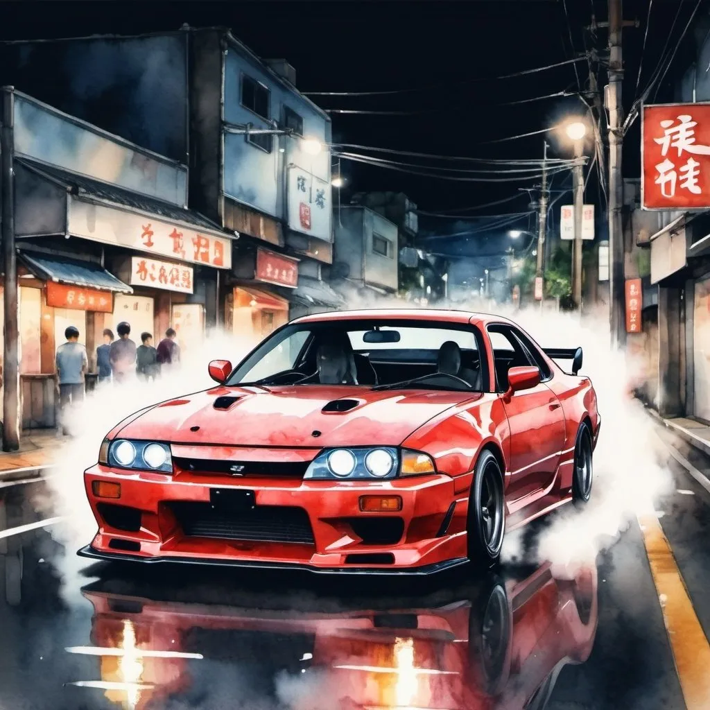 Prompt: a japanese street racer car street racing at night in a watercolor style